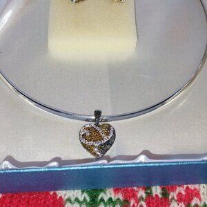 Multicolor diamond heart earrings and pendant set in sterling silver